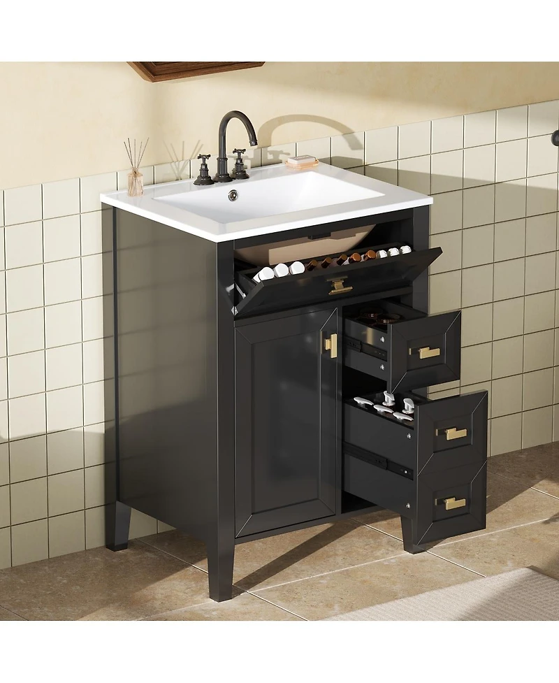 Sillysis 24 Inch Modern Black Bathroom Vanity with Ceramic Sink, Ample Drawer Storage, Solid Wood Frame for Small Spaces