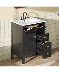 Sillysis 24 Inch Modern Black Bathroom Vanity with Ceramic Sink, Ample Drawer Storage, Solid Wood Frame for Small Spaces