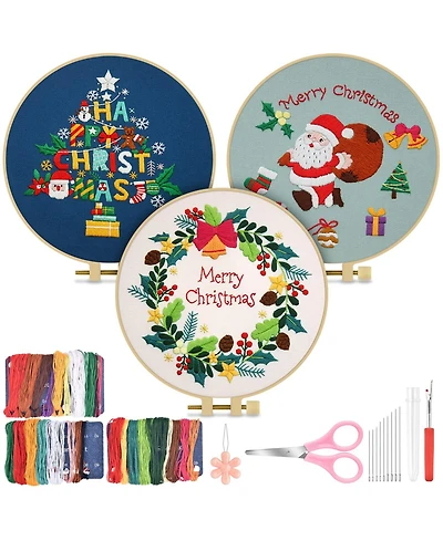 Gnuadz Christmas Embroidery Kit Adults 3 Sets Hoops Threads