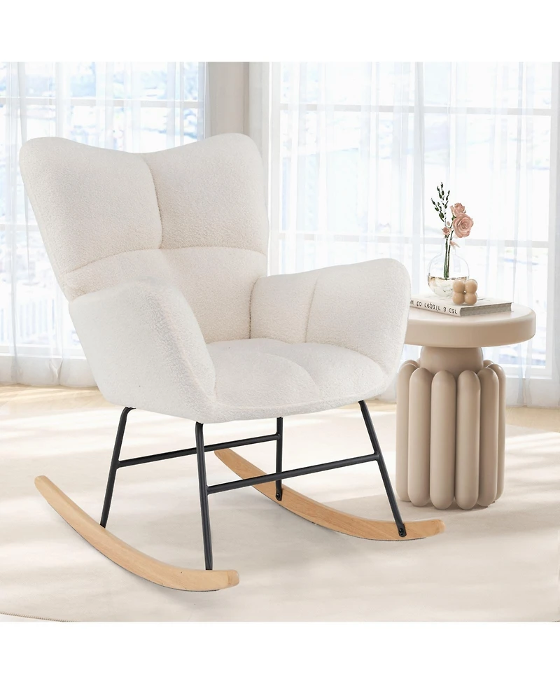 Gouun Nursery Rocking Chair with Teddy Fleece Upholstery and Rubber Wood Base