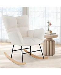 Gouun Nursery Rocking Chair with Teddy Fleece Upholstery and Rubber Wood Base