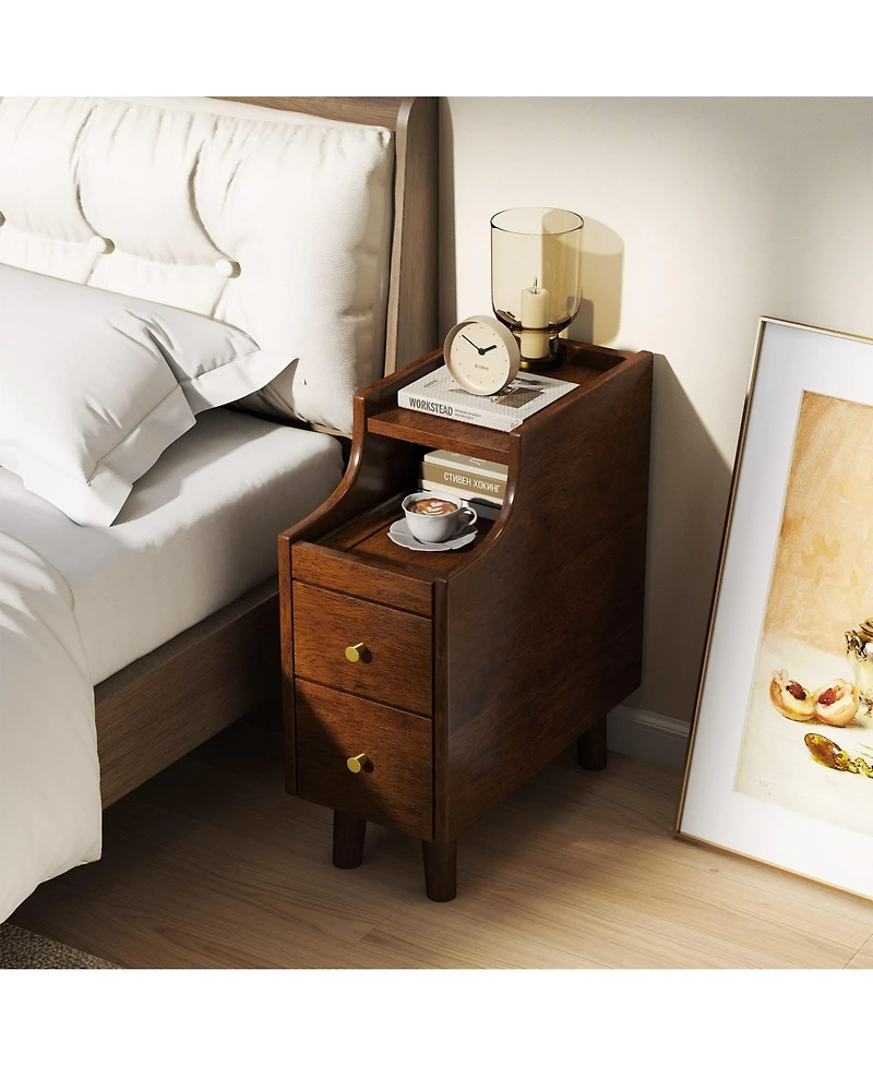 Gymax 2pieces Solid Wood End Table with Pull-out Tray and 2 Storage Drawers Cable Management