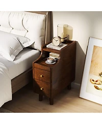 Gymax 2pieces Solid Wood End Table with Pull-out Tray and 2 Storage Drawers Cable Management