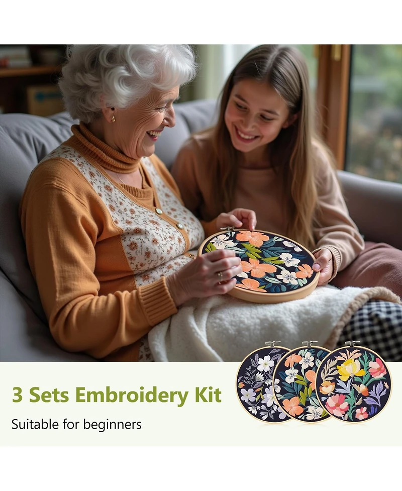 Gnuadz 3 Pack Embroidery Kit Beginners Needlepoint Cross Stamped Petal Pattern Video Tutorial