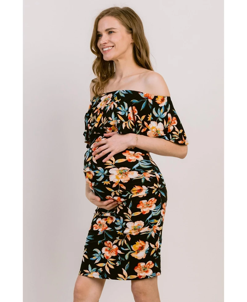 Hello Miz Maternity Bodycon Floral Off-the-Shoulder Ruffle Dress