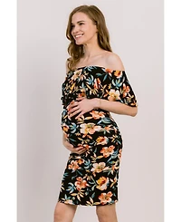 Hello Miz Maternity Bodycon Floral Off-the-Shoulder Ruffle Dress