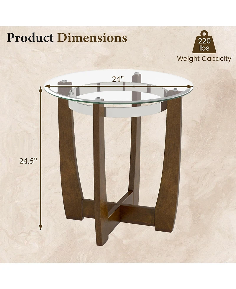 Slickblue Modern Round End Table with Glass Top and Rubber Wood Base, Accent Side Table