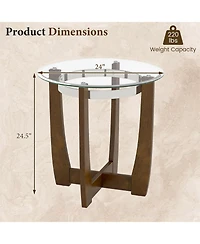 Slickblue Modern Round End Table with Glass Top and Rubber Wood Base, Accent Side Table