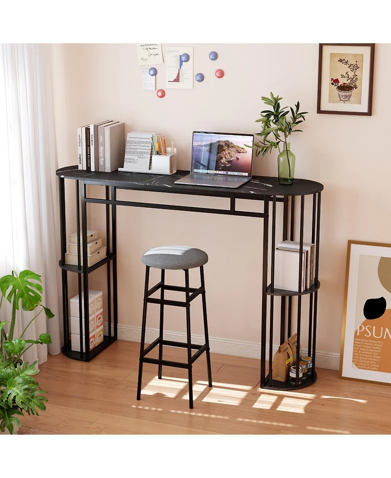 Slickblue Modern Narrow Bar Table with Faux Marble Tabletop and Built-in Storage Shelves