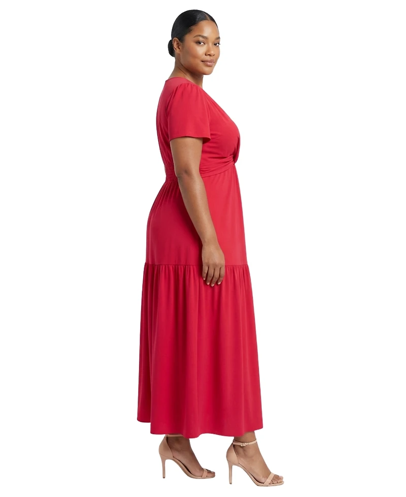 London Times Plus Twist Front Tiered Short-Sleeve Maxi Dress