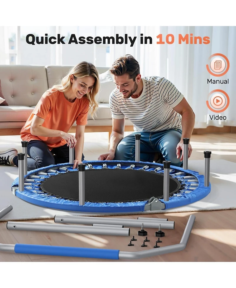 Bcan SP2 48" Blue Foldable Mini Trampoline, 440lbs Capacity, Adjustable Foam Handle, Indoor/Garden Fitness Rebounder