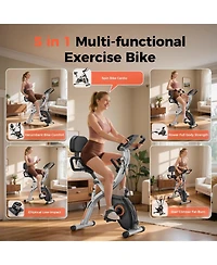 Fed Fitness 5-in-1 Pro Folding Exercise Bike, 16-Level Resistance and Quiet Magnetic Drive, Home Gym Bike with Rowing and Bands