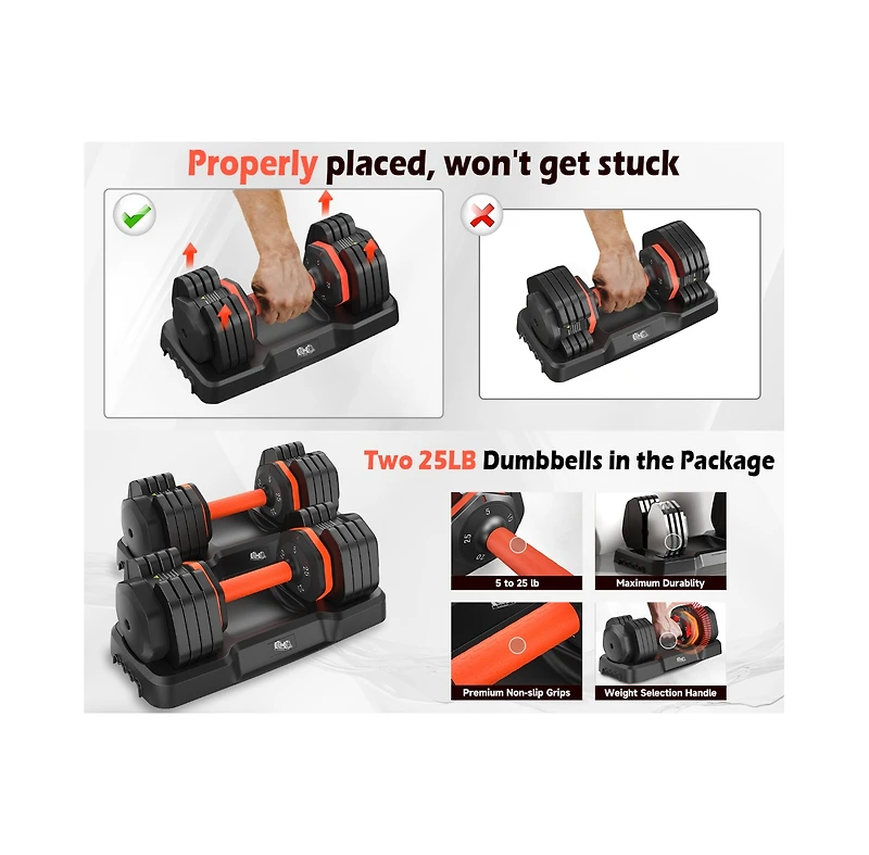 Fed Fitness 5LB to 25LB Adjustable Dumbbell Set Pair, 5-Level Weights Anti-Slip Grip, Home Gym Strength Training