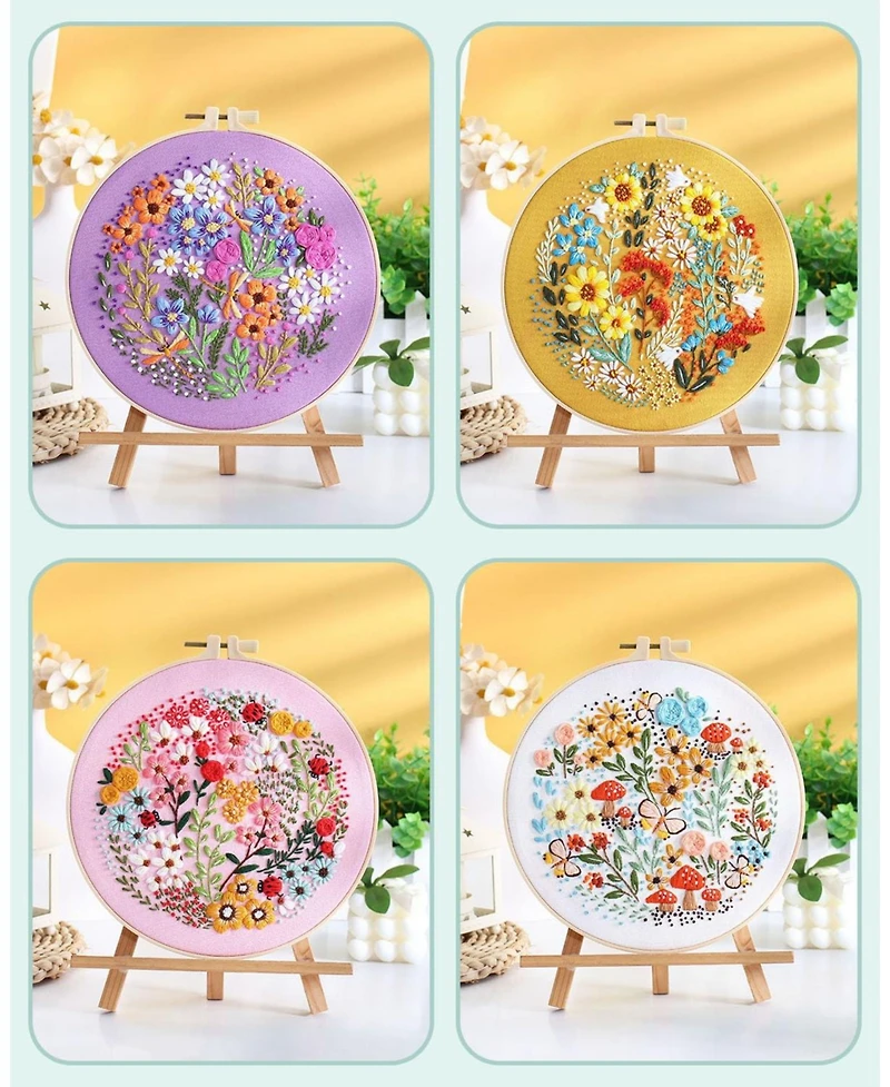 Gnuadz 4 Sets Embroidery Kit Beginners Hummingbird Flower Cross Cloth Hoops Threads