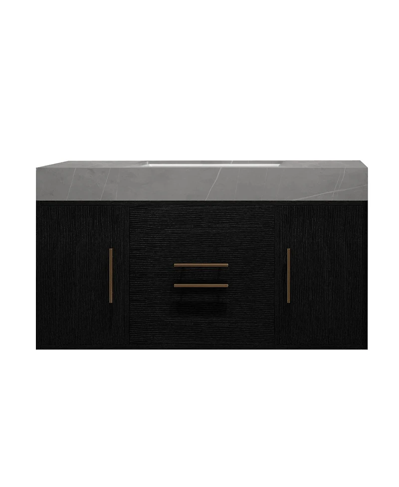 Sillysis 39.4 Inch Floating Bathroom Vanity with Faux Marble Top, Luxury Modern Black Wall Mounted Solid Wood Cabinet and Ceramic Sink