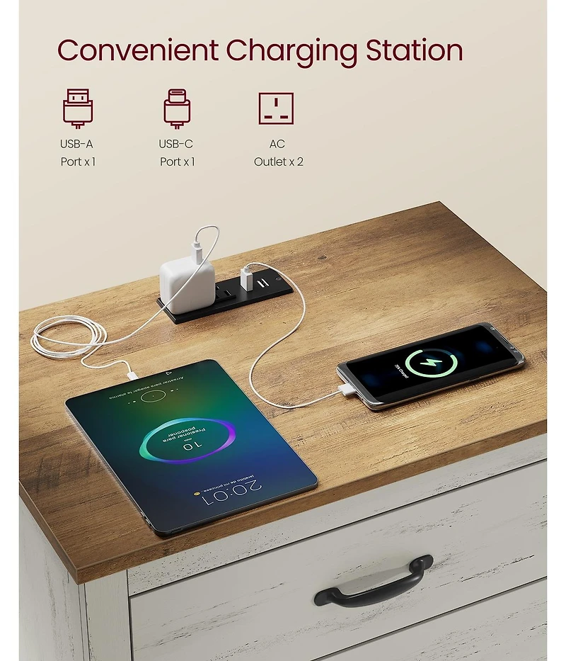 Slickblue Farmhouse Bedside Table with Charging Station and Storage