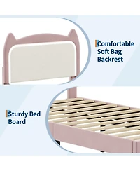 homfan Kids Bed Frame with Cat Headboard, Upholstered Princess Sturdy Wood Slats Support