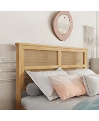 Sailvan Bed with Rattan Headboard, 2 Drawers, Rubber Wood Support Slats and Feet