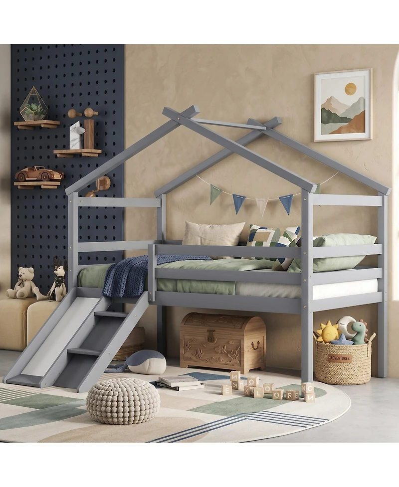 Sailvan Twin Low Loft House Bed with Slide, Ladder, Safety Guardrails, Roof Frame