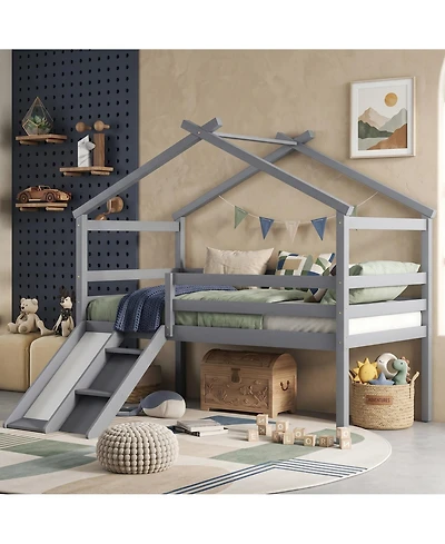 Sailvan Twin Low Loft House Bed with Slide, Ladder, Safety Guardrails, Roof Frame
