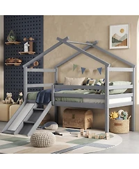 Sailvan Twin Low Loft House Bed with Slide, Ladder, Safety Guardrails, Roof Frame