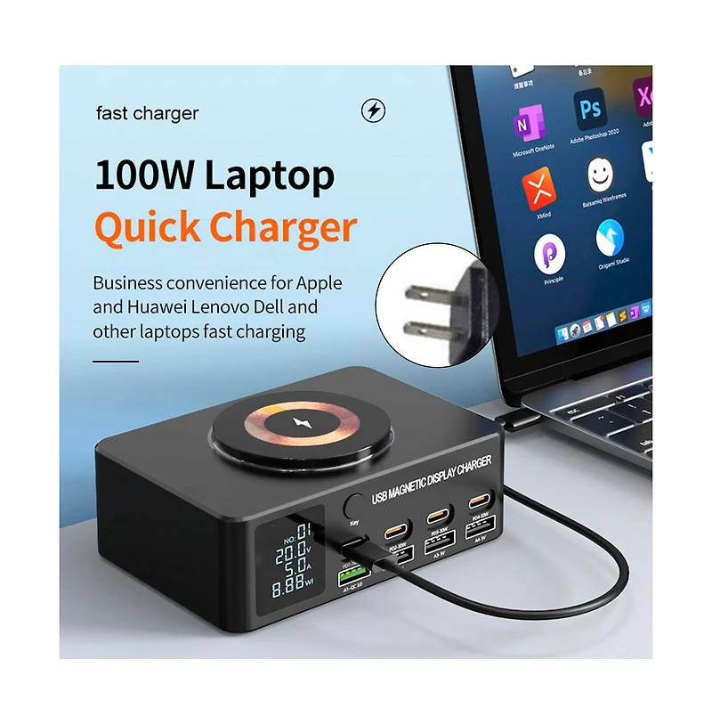 Artudatech 140W 8-Port GaN Charging Station with Fast Charger, Magnetic Wireless and Digital Display
