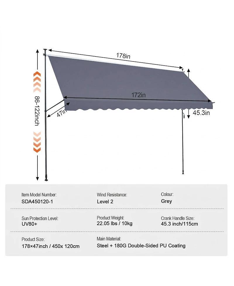 Gouun 178 x 47 in Retractable Patio Awning with Manual Crank Handle, Adjustable Height 86 to 122 in