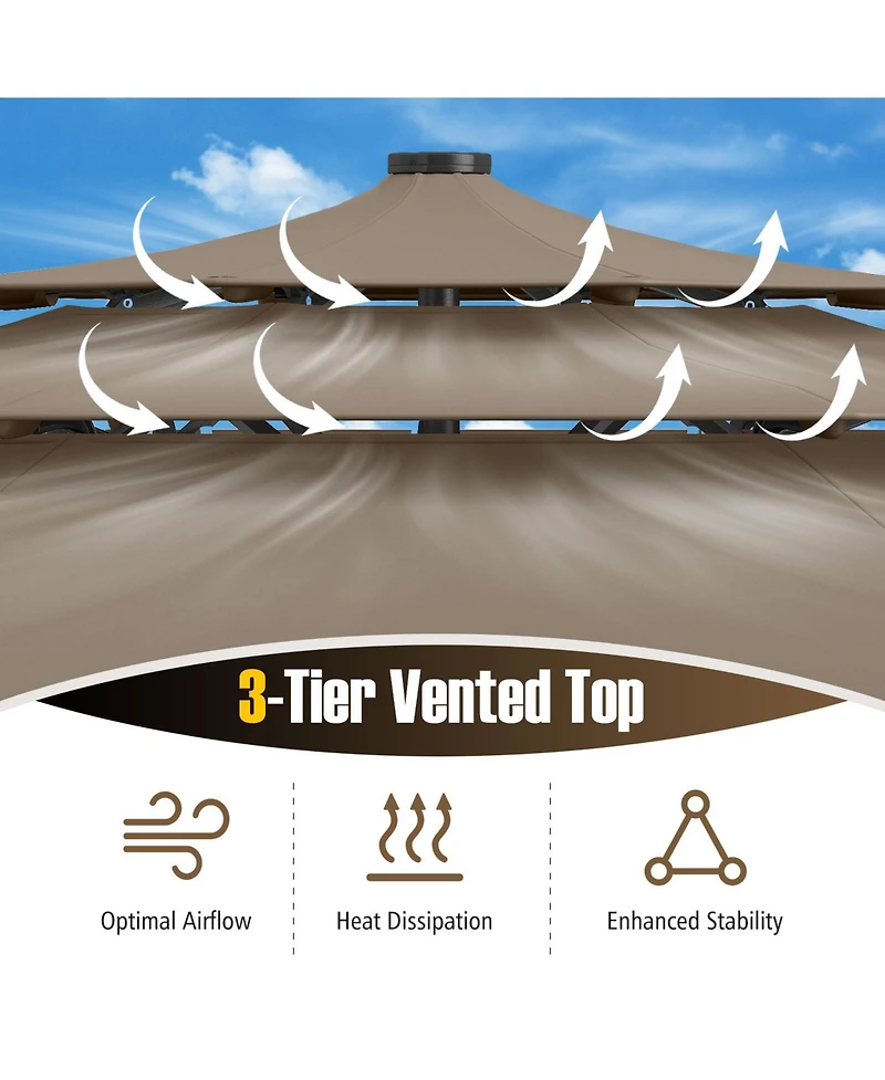 Gouun 10 feet Solar Led 3-Tier Vented Patio Umbrella with 32 Lights and Tilt Adjustment