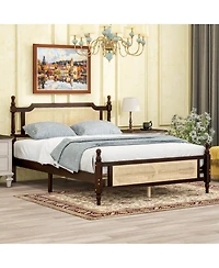 Sailvan Queen Pine wooden Bed with Rattan Headboard and Footboard, Central Enhanced Bed Platform