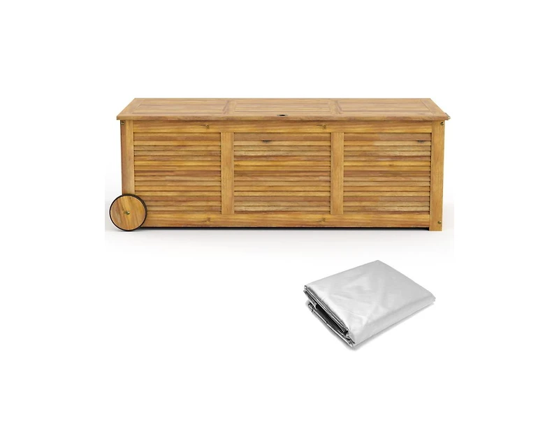 sumyeg Rolling Patio Wooden Deck Box with 2 Wheels and Side Handle for Outdoor