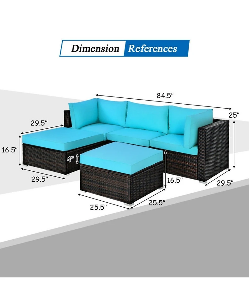 Gouun 5 Piece Outdoor Wicker Sectional Conversation Set with Convertible Ottoman, 4 in Cushions