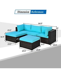 Gouun 5 Piece Outdoor Wicker Sectional Conversation Set with Convertible Ottoman, 4 in Cushions