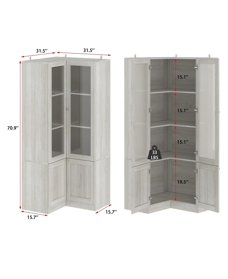 Homsee Modern 4-Door Storage Cabinet with Frosted Glass - Wooden Organizer with Gold Handles | 31.5 Inch Wood Grain Shelf for Living Room or Hallway