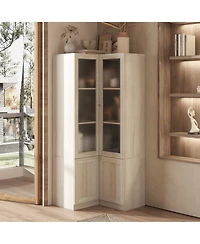 Homsee Modern 4-Door Storage Cabinet with Frosted Glass - Wooden Organizer with Gold Handles | 31.5 Inch Wood Grain Shelf for Living Room or Hallway