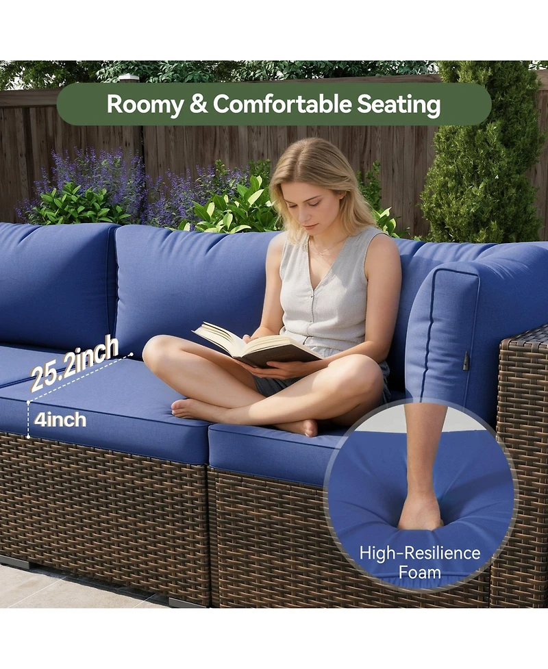 Aoxun 12-Piece Outdoor Brown Wicker Patio Conversation Set with 44" Propane Fire Pit Table and NavyBlue Cushions