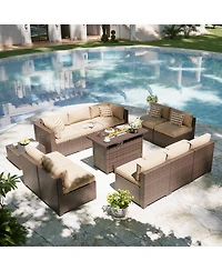 Aoxun 12-Piece Outdoor Brown Wicker Patio Conversation Set with 44" Propane Fire Pit Table and Beige Cushions