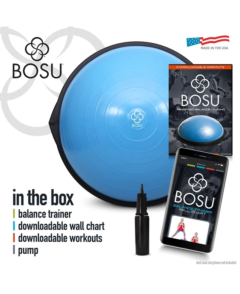 Bosu Multi Functional Original Home Gym 26 Inch Full Body Balance Strength Trainer Ball Equipment with Guided Workouts and Pump, Blue