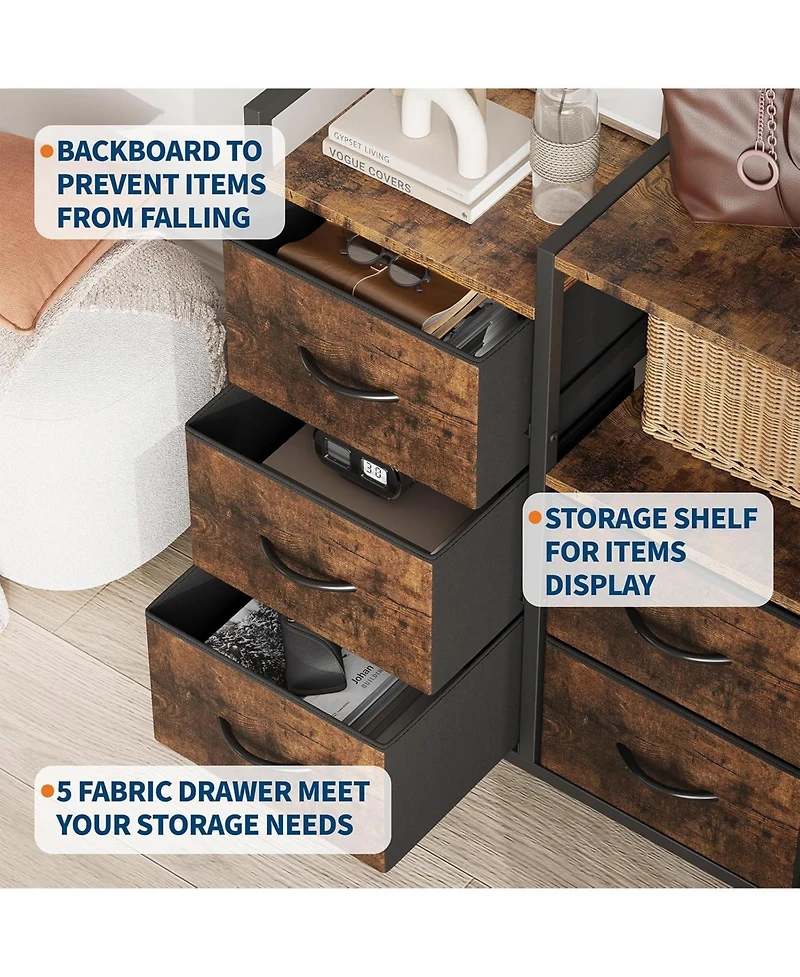 gaomon 5-Drawer Filing Cabinet with Open Storage Shelves and Rolling Printer Rack, Fabric Horizontal File Cabinet