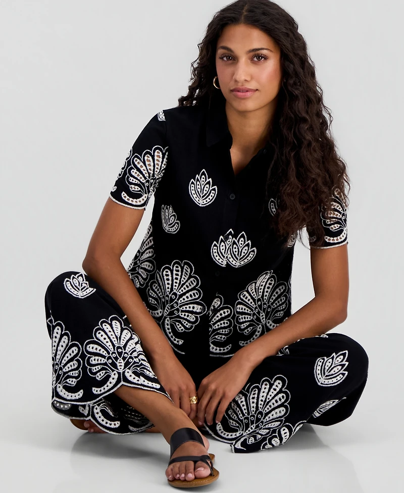 And Now This Petite Embroidered Cotton Wide Leg Pants, Macy's Exclusive