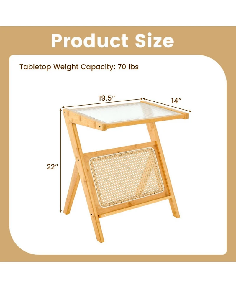 Gouun Boho Bamboo End Table with Tempered Glass Top and Magazine Rack, 22 in