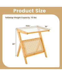 Gouun Boho Bamboo End Table with Tempered Glass Top and Magazine Rack, 22 in