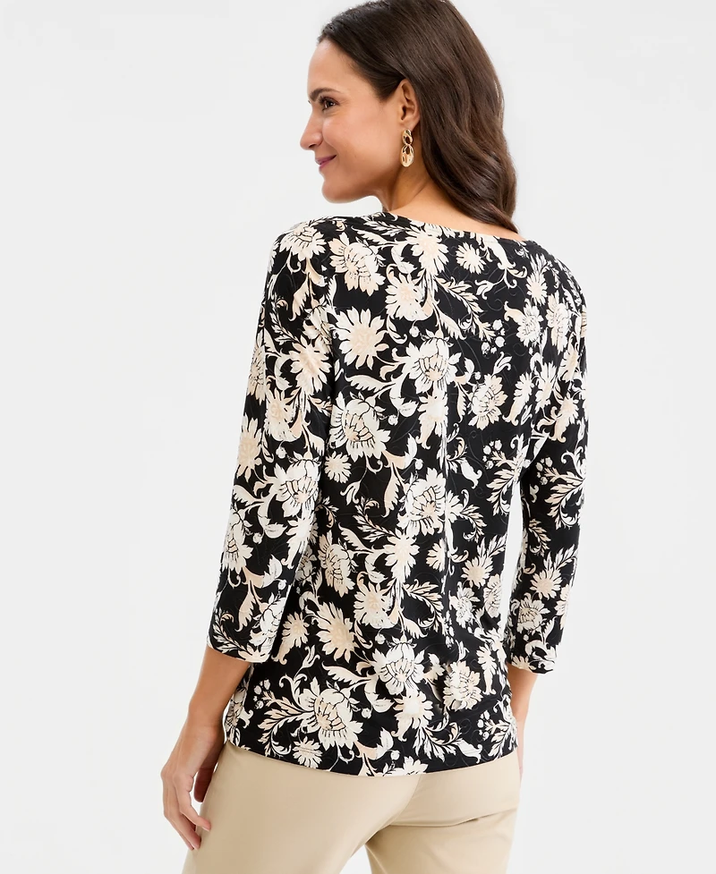 Jm Collection Women's Printed 3/4 Sleeve Scoop-Neck Jacquard Top, Macy's Exclusive