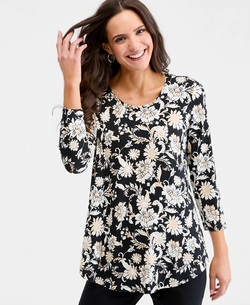 Jm Collection Women's Printed Scoop-Neck 3/4-Sleeve Top, Macy's Exclusive