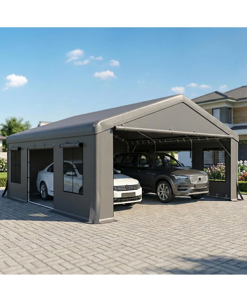 Outsunny Heavy Duty Carport, Portable Garage with Doors, Windows