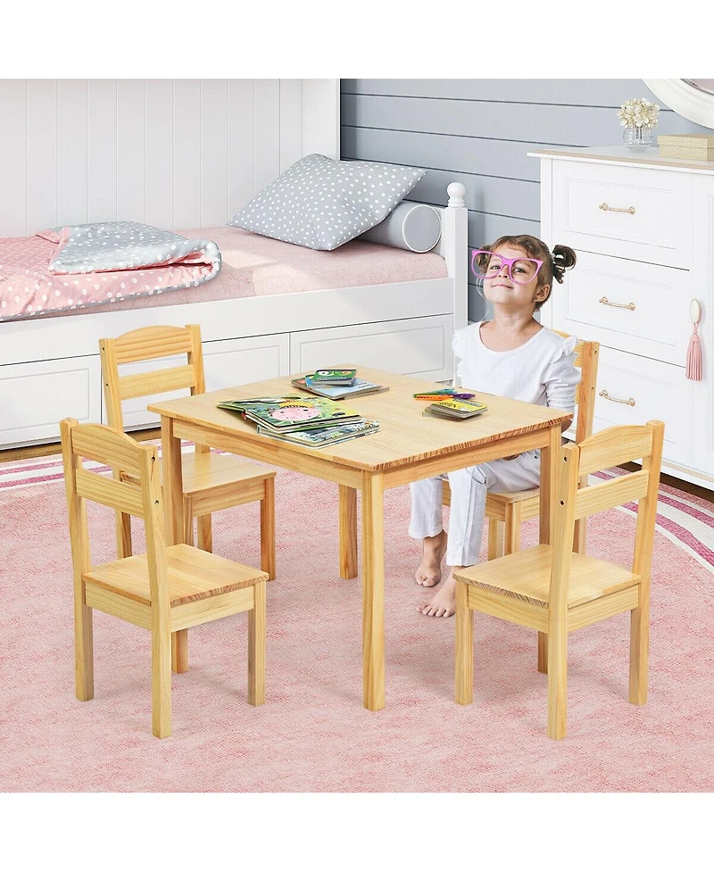 Gouun 5 pcs Kids Pine Wood Table Chair Set