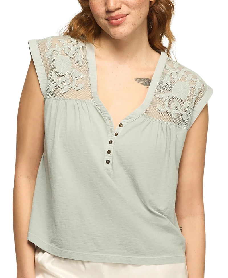 Lucky Brand Women's V-Neck Mesh Embroidered Yoke T-Shirt