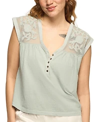 Lucky Brand Women's V-Neck Mesh Embroidered Yoke T-Shirt