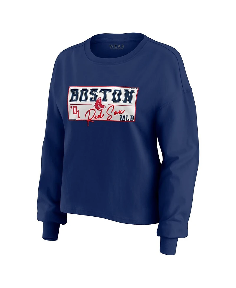 Wear by Erin Andrews Women's Navy Boston Red Sox Heavy Rugby Jersey Cropped Long Sleeve T-Shirt Shorts Lounge Set