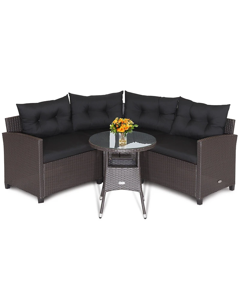 Slickblue Outdoor Rattan Sofa Set 4 Piece with Cushions and Glass Table