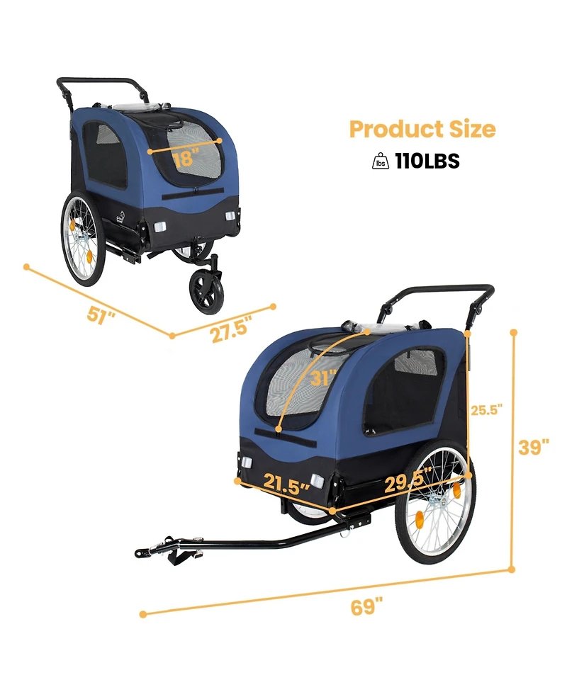 Aostirmotor 2-in-1 Bike Trailer and Pet Stroller for Dogs up to 110 lbs, Foldable Carrier Cart with 20" Air-Filled Wheels